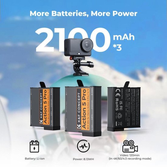Battery DJI Action 5 Pro 4-in-1 Triple Battery Kit with 2100mAh Batteries & LCD Charger KF28.0127S1 Battery DJI Action 5 Pro 4-in-1 Triple Battery Kit with 2100mAh Batteries & LCD Charger KF28.0127S1