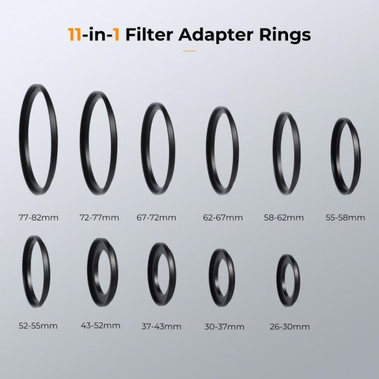 K&F Concept 11-in-1 Metal Step-Up Lens Filter Adapter Ring Kit (26mm to 82mm)