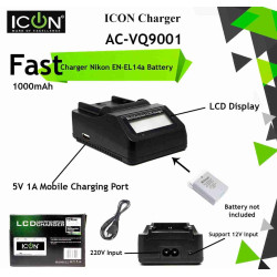 Ultra Fast ICON AC-VQ9001 EN-EL14a Charger For Nikon DSLR D3500, D5600, D5500, D3400, D3300, D5300, D5200, D3200, D3100, D5100, DF DSLR, Coolpix P7700, P7000, P7800, P7100 and MH-24 EN EL14