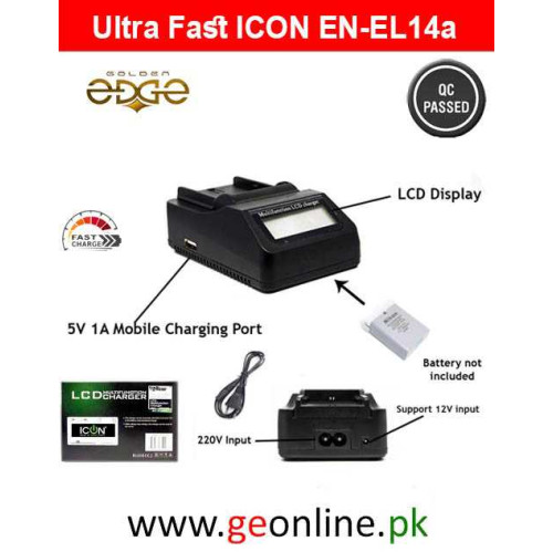 Ultra Fast ICON AC-VQ9001 EN-EL14a Charger For Nikon DSLR D3500, D5600, D5500, D3400, D3300, D5300, D5200, D3200, D3100, D5100, DF DSLR, Coolpix P7700, P7000, P7800, P7100 and MH-24 EN EL14