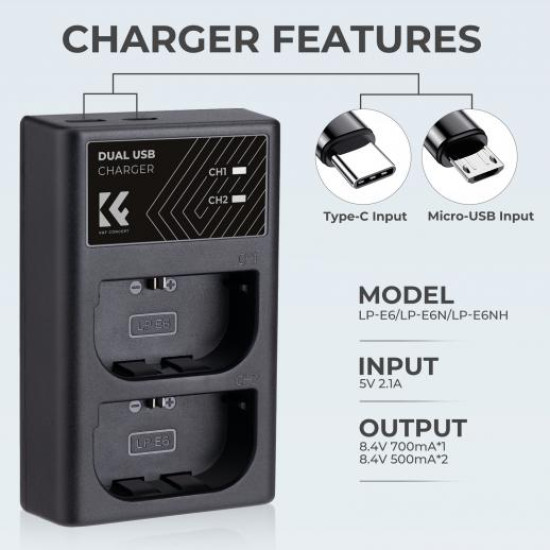 K&F Canon LP-E6 Dual Charger Type c Charging Port | KF28.0007