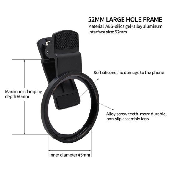 52mm Professional Phone Camera Lens Filter Ring Mount Clip for All Smartphones