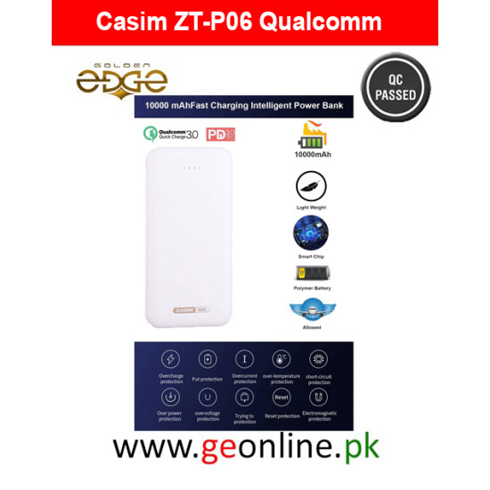 Casim ZT-P06 Qualcomm QC 3.0 PD 3.0 Fast Charging Power Bank, 10000 mAh - White