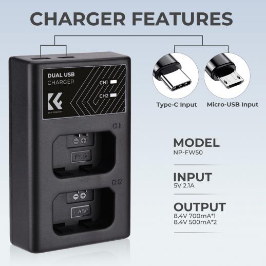 K&F Sony FW50 Dual Charger Type c Charging Port | KF28.0009