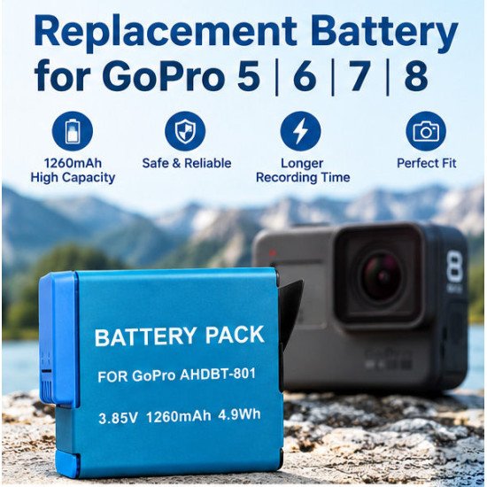 AHDBT-801 Replacement Battery for GoPro HERO 5, 6, 7 & 8 (1260mAh)