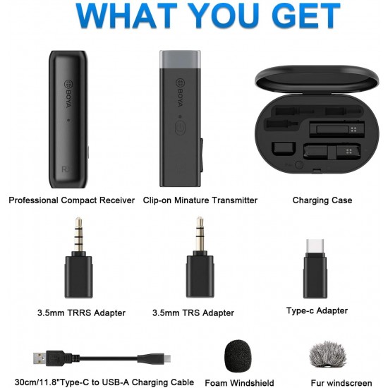 BOYA BY-WM3U 2.4GHz Wireless Microphone with Type-C, 3.5mm TRS & TRRS adapters & Charging case with 3 Years Warranty