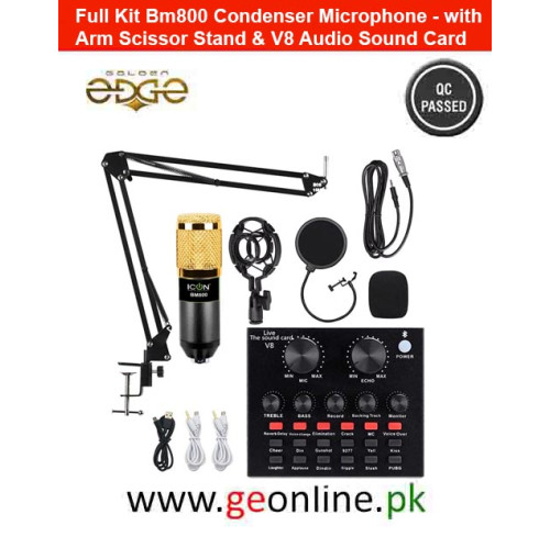 Full Kit Bm800 Condenser Microphone - with Arm Scissor Stand & V8 Audio Sound Card