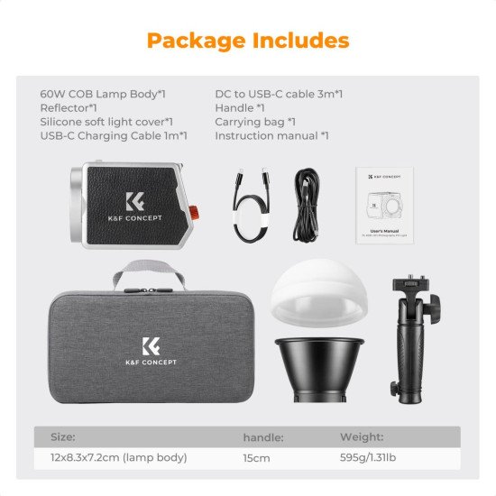 K&F PL-60B 60W Bi-Color COB Light with Built-in 4500mAh Battery and Type-C PD Fast Charging K&F PL-60B 60W Bi-Color COB Light with Built-in 4500mAh Battery and Type-C PD Fast Charging