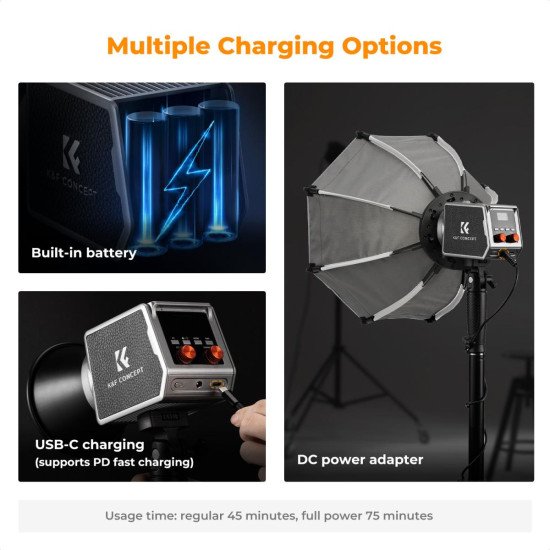 K&F PL-60B 60W Bi-Color COB Light with Built-in 4500mAh Battery and Type-C PD Fast Charging K&F PL-60B 60W Bi-Color COB Light with Built-in 4500mAh Battery and Type-C PD Fast Charging