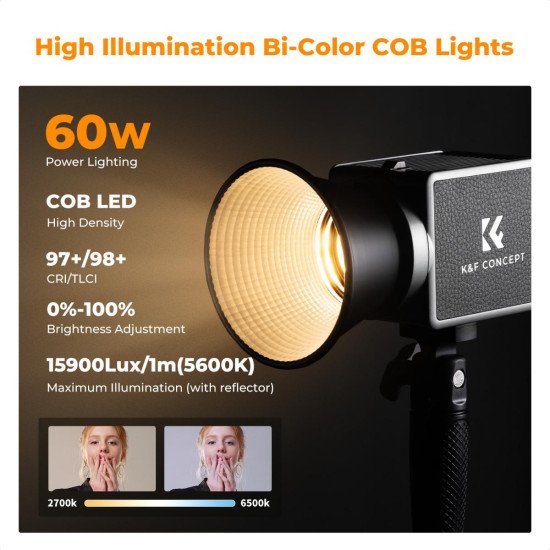 K&F PL-60B 60W Bi-Color COB Light with Built-in 4500mAh Battery and Type-C PD Fast Charging K&F PL-60B 60W Bi-Color COB Light with Built-in 4500mAh Battery and Type-C PD Fast Charging